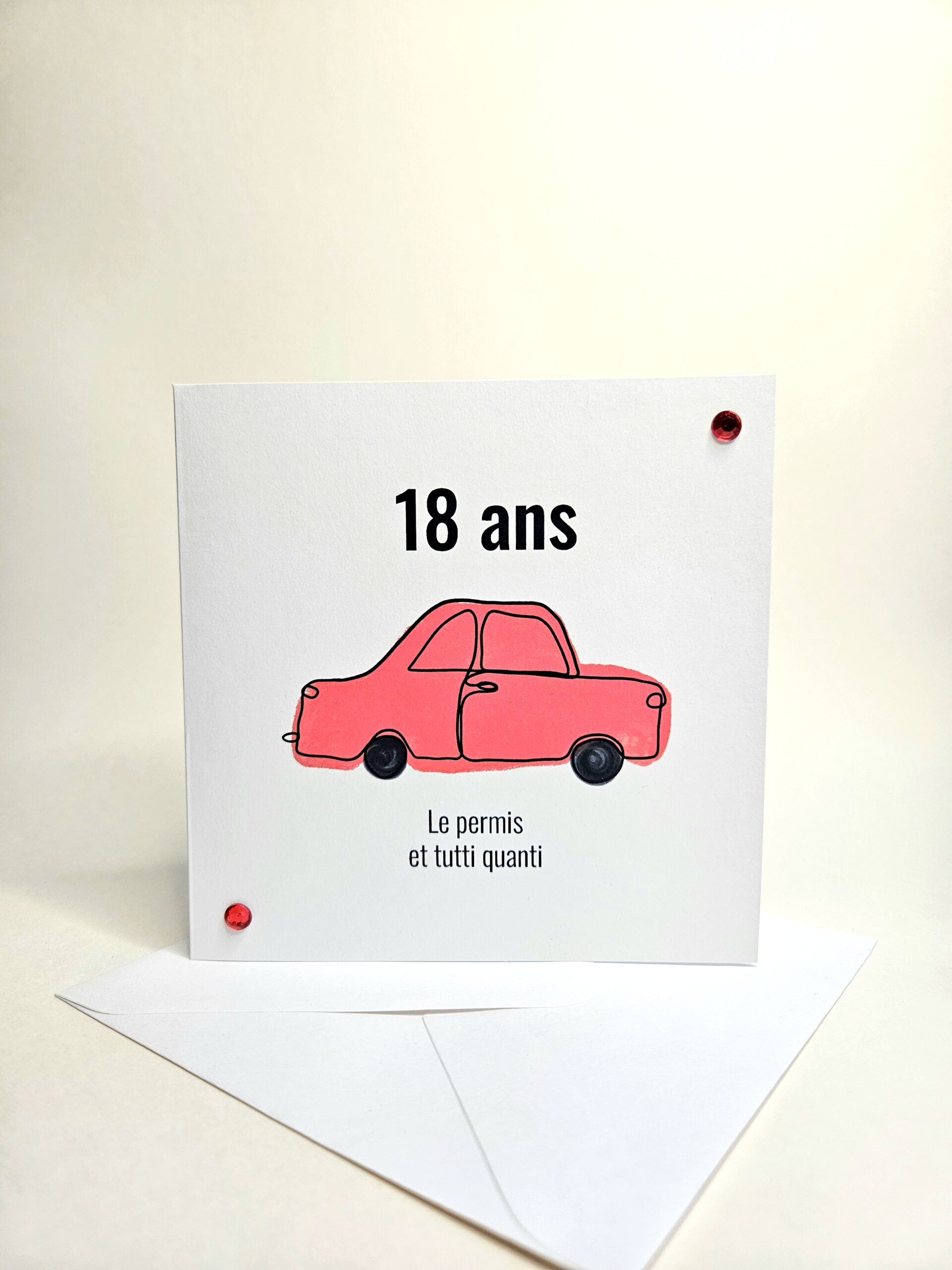 Carte d’anniversaire 18 ans avec illustration d’une petite voiture et le message "Le permis et tutti quanti".