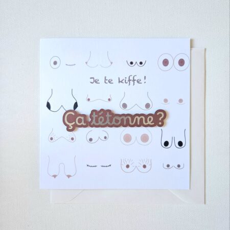 Carte Octobre Rose "Je te kiffe ! Ça tétonne ? illustrée de différentes poitrines
